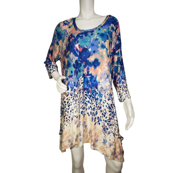 LOGO by Lori Goldstein Womens Sz 1X Printed Tunic Dress Pleating Detail Pockets - Picture 1 of 7